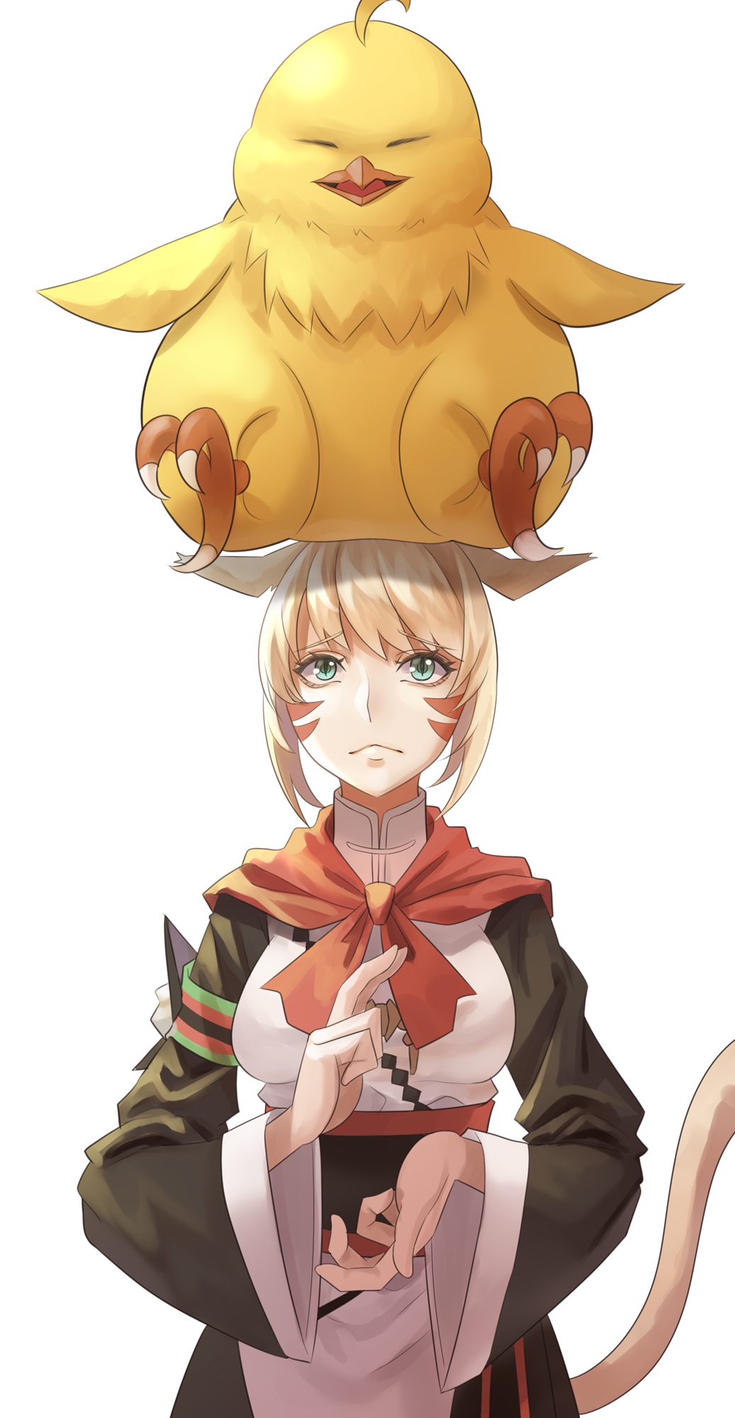1girl, ahoge, animal_ears, animal_on_head, cat_ears, cat_tail, chocobo, facial_mark
