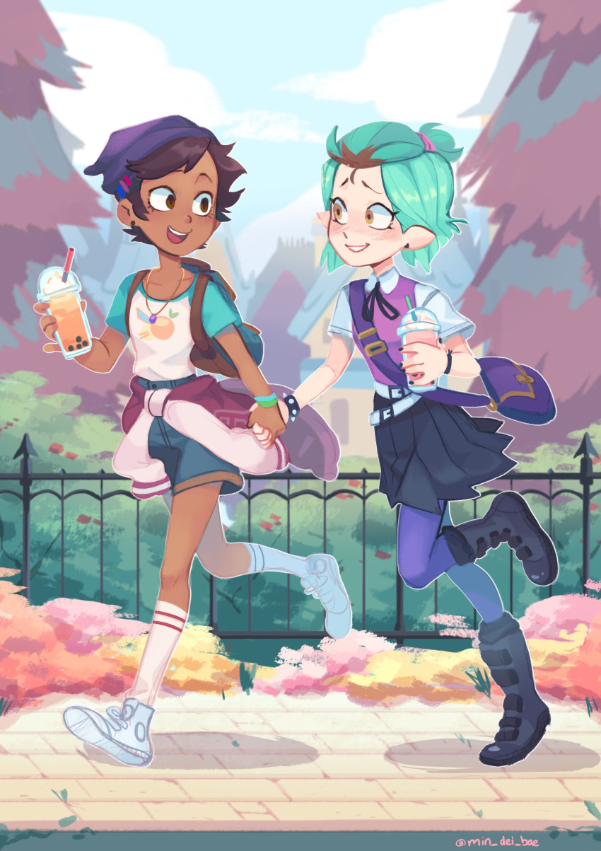 2girls, absurdres, alternate_costume, amity_blight, blue_sky, blush, brown_eyes, brown_hair, clouds, cloudy_sky, couple, dip-dyed_hair, drink, eye_contact, green_hair, happy, highres, holding_hands, looking_at_another, luz_noceda, medium_hair, min_dei_bae, multiple_girls, pointy_ears, shorts, skirt, sky, smile, smoothie, socks, the_owl_house, tree, yellow_eyes, yuri