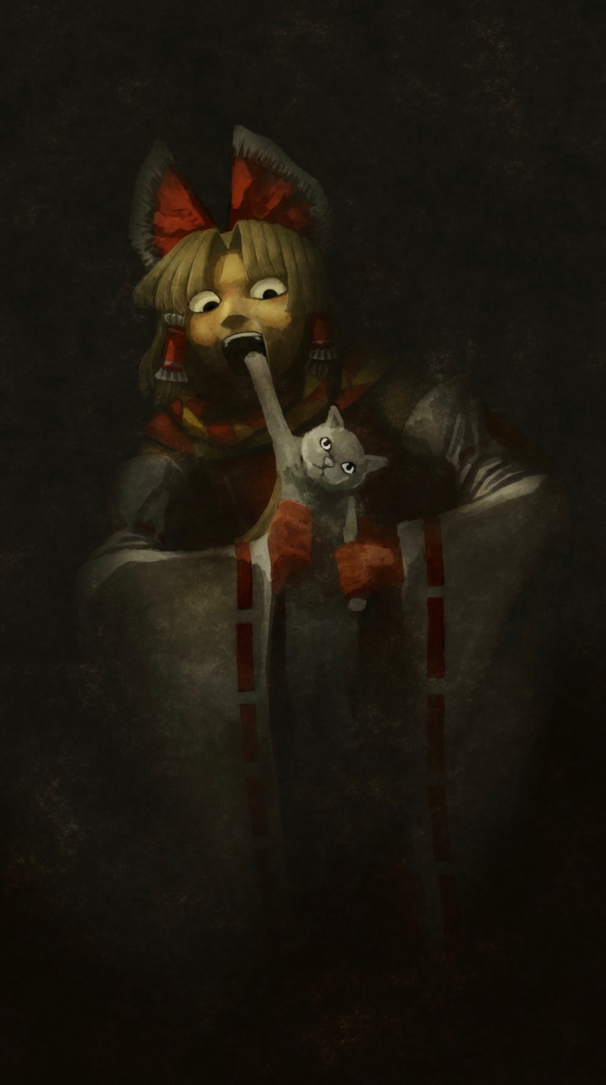 1girl, animal, benikurage_(cookie), bow, brown_hair, cat, commentary_request, cookie_(touhou)