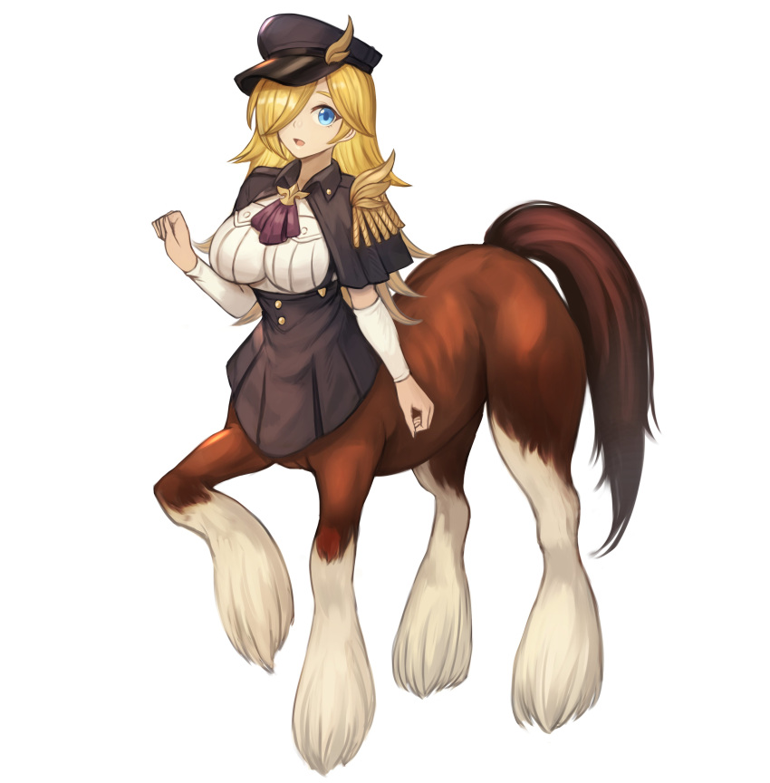 1girl, absurdres, blonde_hair, blue_eyes, breasts, buttons, centaur, centaur_(monster_girl_encyclopedia), commission, english_commentary, full_body, hair_over_one_eye, hat, highres, horse_tail, long_hair, looking_at_viewer, military, military_uniform, monster_girl, monster_girl_encyclopedia, open_mouth, original, peaked_cap, second-party_source, simple_background, solo, sookmo, tail, uniform, white_background