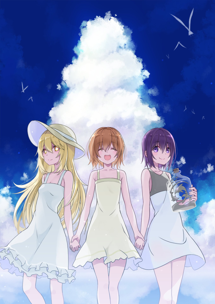 3girls, bangs, bare_shoulders, bird, blonde_hair, blush, brown_hair, closed_eyes