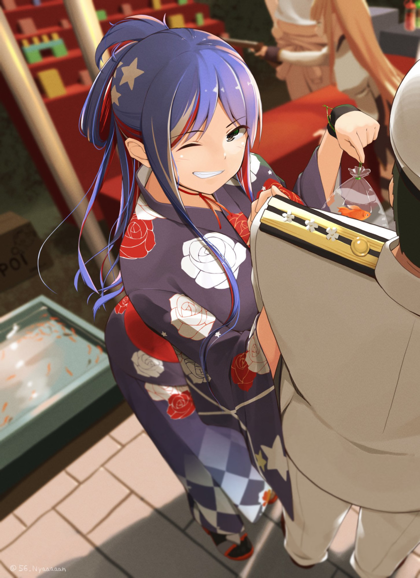 1boy, 2girls, admiral_(kantai_collection), animal, befu, black_hair, black_kimono, blue_hair