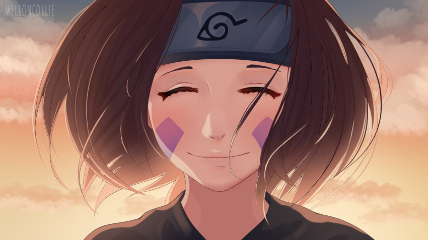 1girl, brown_hair, closed_eyes, clouds, forehead_protector, highres, melloncollie-chan, naruto