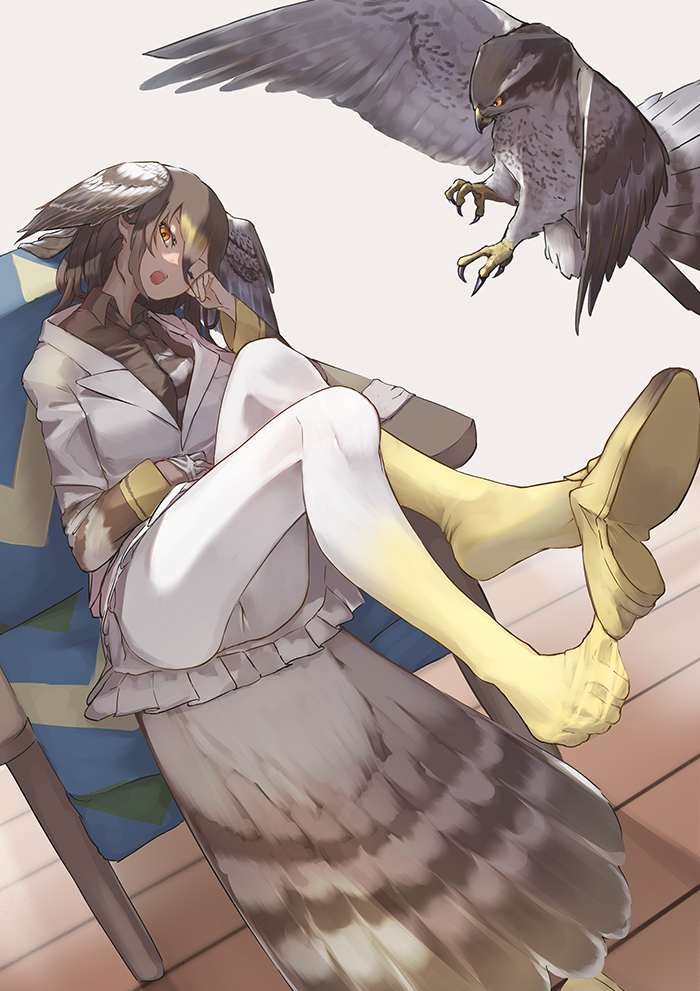 1girl, animal, ass, bird, bird_tail, bird_wings, black_hair, blonde_hair