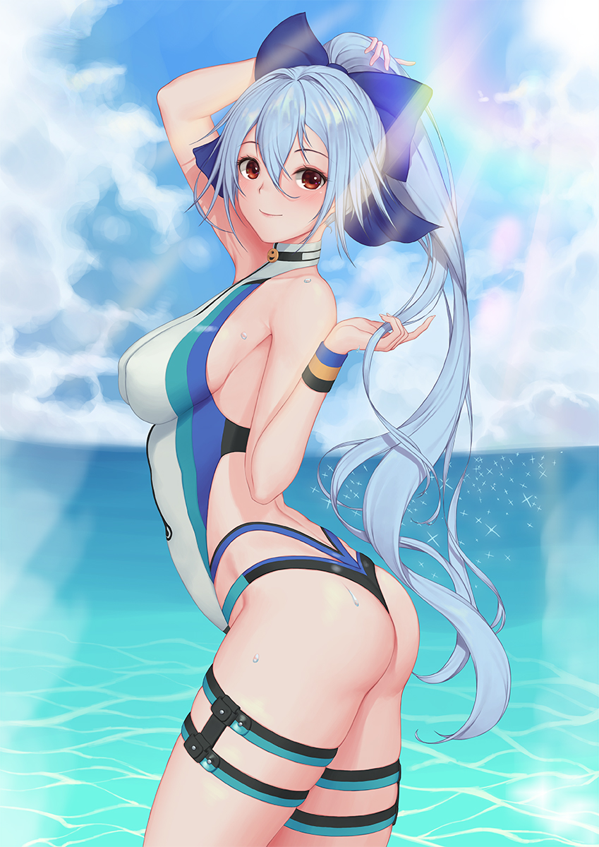 1girl, arm_up, ass, baeg_mi, blue_bow, blue_hair, blue_sky, bow