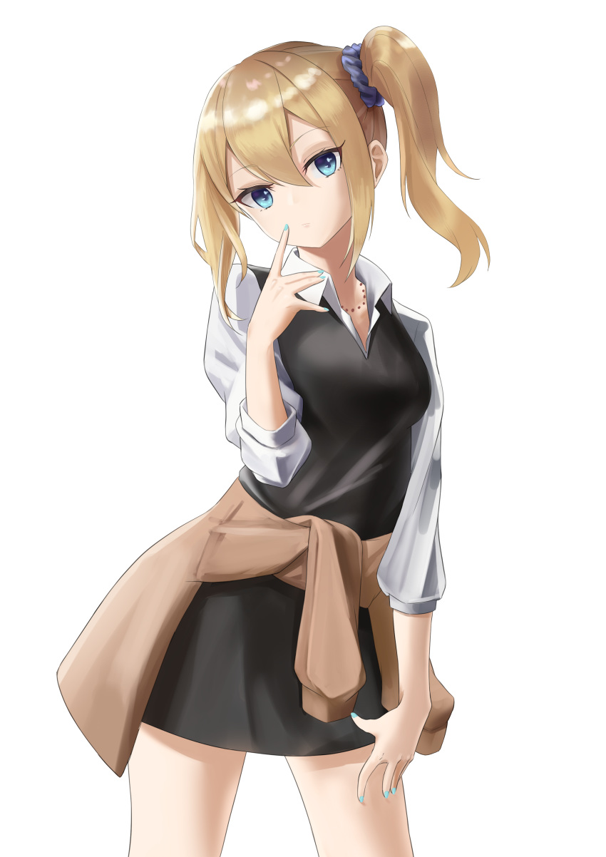 1girl, absurdres, bangs, blonde_hair, blue_eyes, blue_nails, blue_scrunchie, blush, breasts, closed_mouth, clothes_around_waist, collarbone, collared_shirt, commentary_request, cowboy_shot, eyebrows_visible_through_hair, finger_to_mouth, fingernails, hair_between_eyes, hair_ornament, hair_scrunchie, hand_up, hayasaka_ai, highres, kaguya-sama_wa_kokurasetai_~tensai-tachi_no_renai_zunousen~, kotayo, long_hair, long_sleeves, looking_at_viewer, medium_breasts, nail_polish, school_uniform, scrunchie, shirt, shuuchiin_academy_uniform, side_ponytail, sidelocks, simple_background, sleeves_past_elbows, solo, sweater, sweater_around_waist, white_background, white_shirt