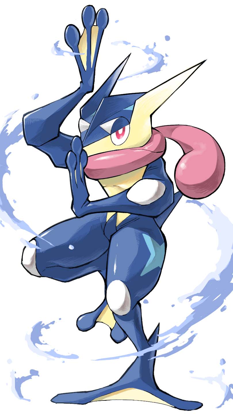 arm_up, commentary_request, full_body, gen_6_pokemon, greninja, hand_up, highres, mon!_(monmonlezard), no_humans, pink_eyes, pokemon, pokemon_(creature), tongue, tongue_scarf, water