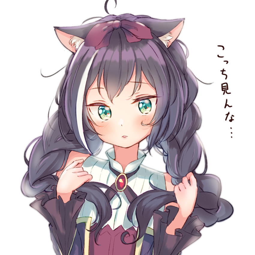 1girl, :o, adjusting_hair, ahoge, animal_ear_fluff, animal_ears, blush, bow