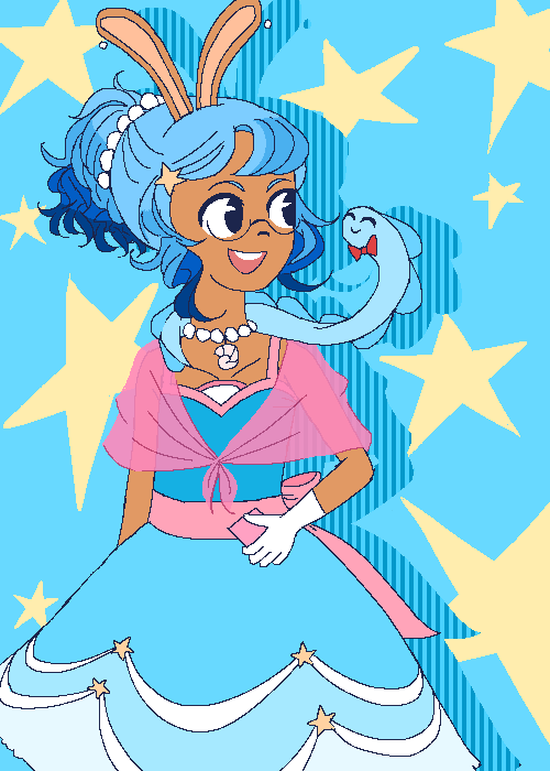animal_ears, blue_dress, bunny_girl, cucumber_quest, dress, eel, jewelry, liquus