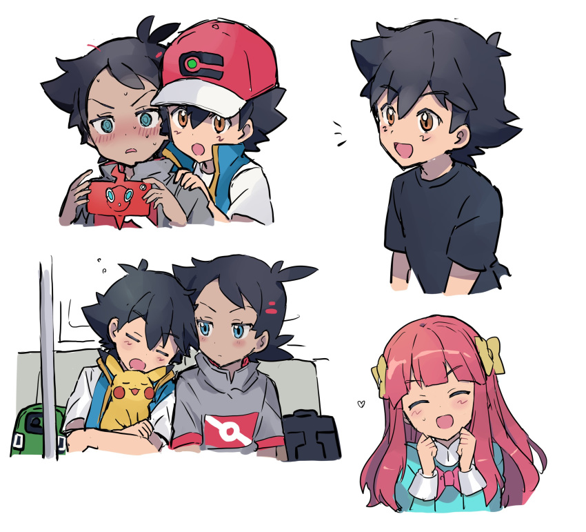 1paku54, 2boys, absurdres, aqua_eyes, ash_ketchum, ashley_(pokemon_bw098), bangs, baseball_cap