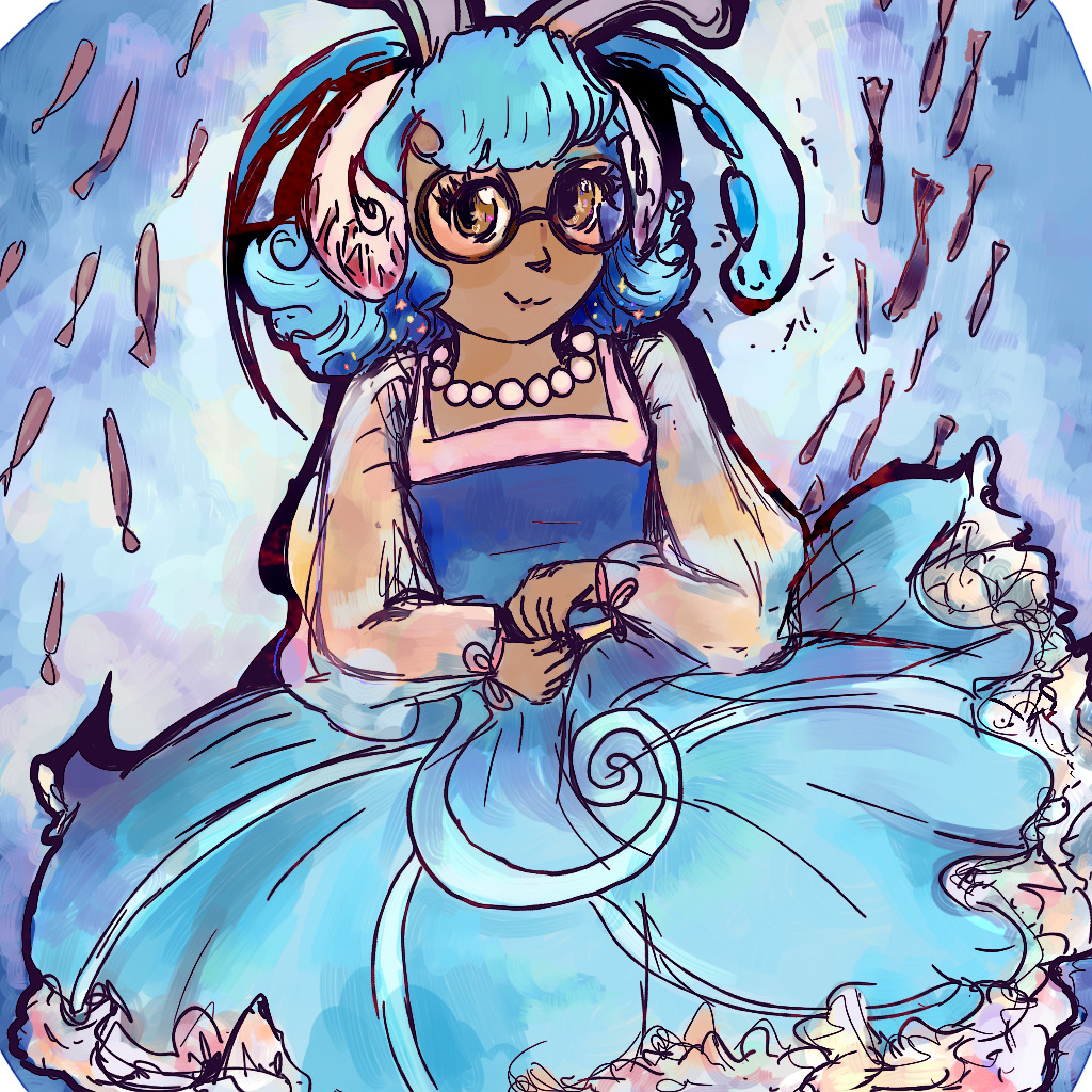 animal_ears, blue_dress, bunny_girl, cucumber_quest, dress, eel, jewelry, liquus