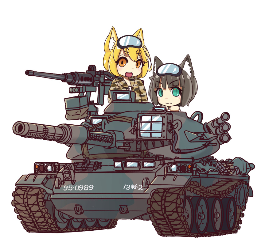 2girls, :3, animal_ears, blonde_hair, camouflage_jacket, cat_ears, caterpillar_tracks, chibi