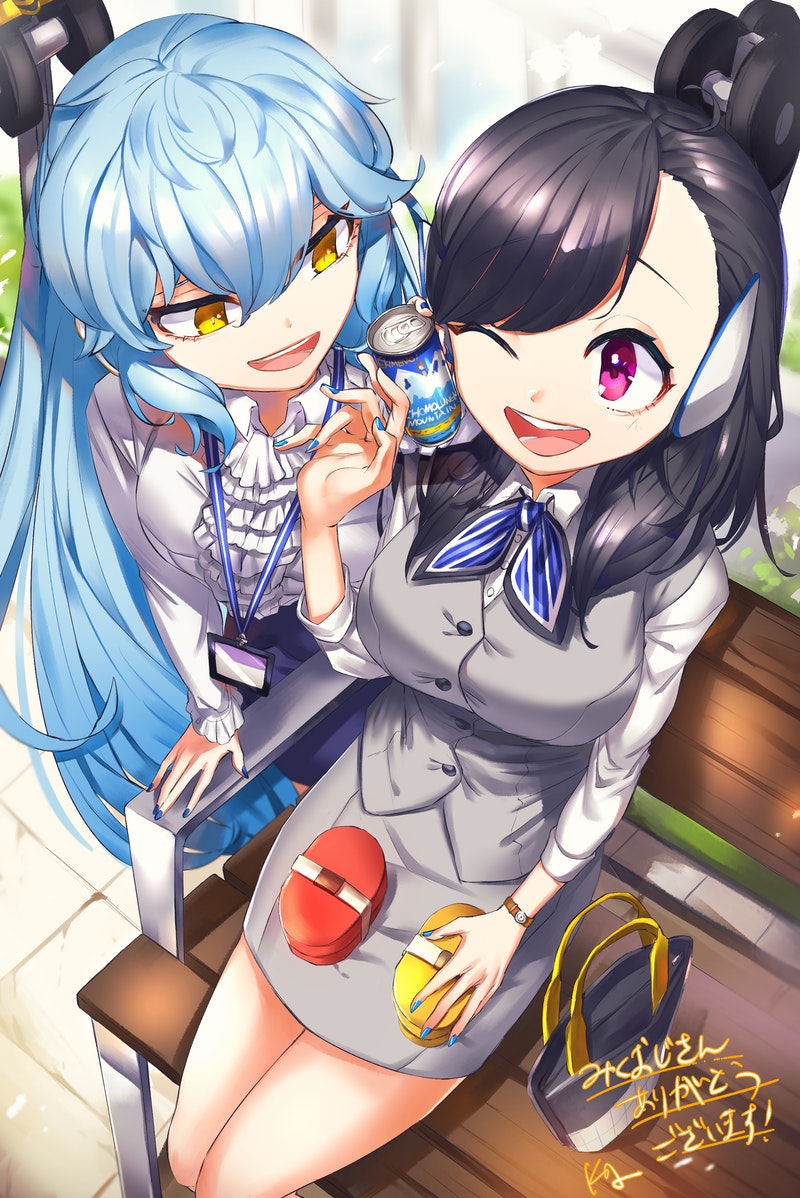 2girls, bag, bangs, blue_hair, blue_nails, breasts, brown_hair, commission