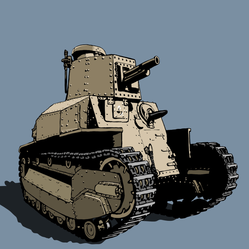 blue_background, caterpillar_tracks, commentary_request, ground_vehicle, gun, highres, kamu_(kamu-fb), machine_gun, military, military_vehicle, motor_vehicle, no_humans, original, tank, type_89_i-gou, weapon