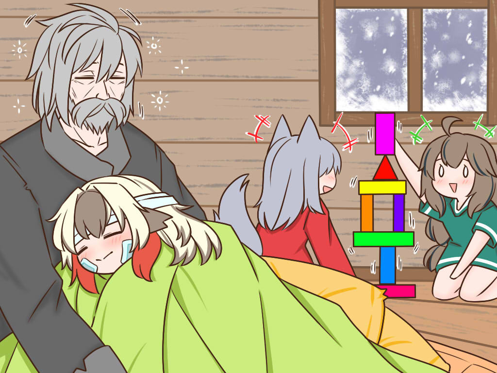 +++, 0_0, 1boy, 3girls, :d, ahoge, animal_ears, arknights, arm_up, bandaged_head, bandages, bangs, beard, black_shirt, blanket, blonde_hair, blush, braid, brown_hair, commentary, cuora_(arknights), doctor_(arknights), english_commentary, eyebrows_behind_hair, facial_hair, green_shirt, grey_hair, guin_guin, hair_between_eyes, indoors, long_hair, multicolored_hair, multiple_girls, mustache, open_mouth, pillow, projekt_red_(arknights), red_shirt, redhead, shirt, short_sleeves, sleeping, smile, snowing, snowsant_(arknights), tail, two-tone_hair, very_long_hair, window