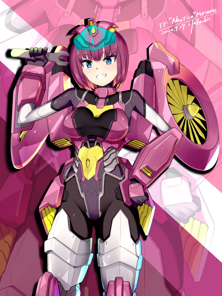 1girl, absurdres, artist_name, bangs, blue_eyes, breasts, character_name, clenched_hand, commission, commissioner_upload, dated, eyebrows_visible_through_hair, hand_on_hip, highres, holding, holding_wrench, i.takashi, looking_at_viewer, mecha_musume, medium_breasts, nautica, personification, pink_hair, short_hair, skeb_commission, smile, solo, the_transformers_(idw), transformers, wrench, zoom_layer