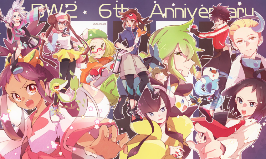 5boys, 5girls, ahoge, bangs, bass_guitar, bianca_(pokemon), black_gloves, black_hair