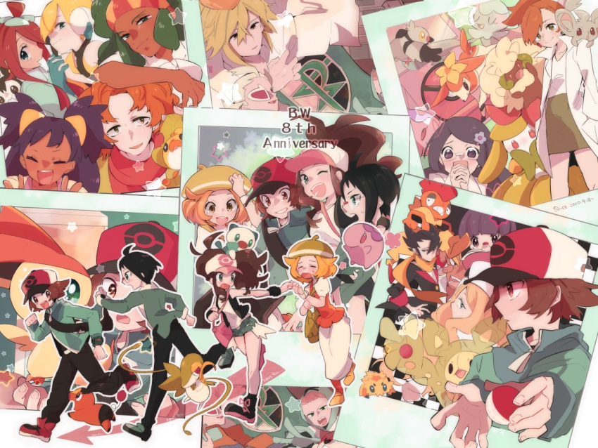 6+boys, 6+girls, :d, anniversary, aurea_juniper, baseball_cap, bianca_(pokemon), black_footwear