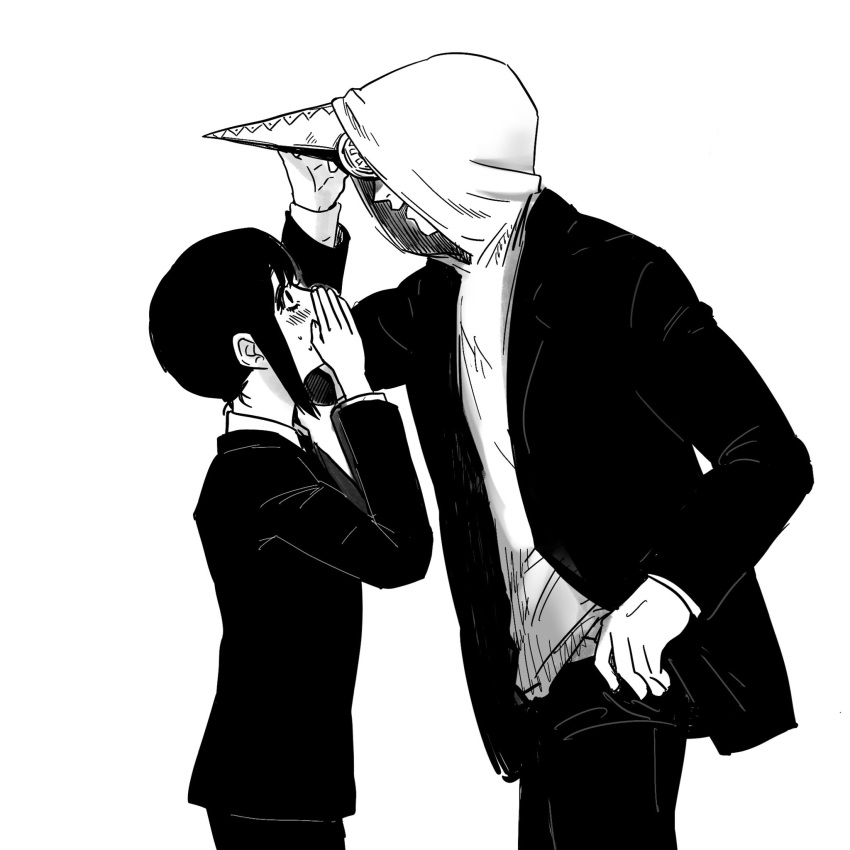 1boy, 1girl, black_hair, black_jacket, black_neckwear, black_pants, blush, breasts
