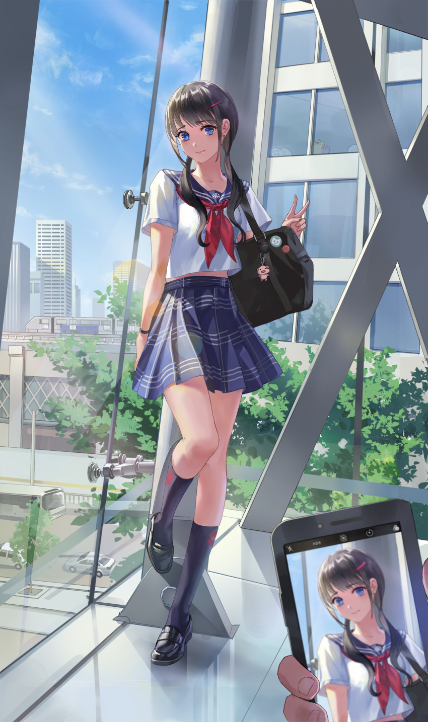 1girl, absurdres, against_wall, backlighting, bag, black_hair, black_legwear, blue_eyes, blush, building, bus, car, cellphone, charm_(object), city, day, div, earrings, eyebrows_visible_through_hair, glass_wall, ground_vehicle, hair_ornament, hair_over_shoulder, hairclip, hand_up, highres, holding, holding_phone, indoors, jewelry, kneehighs, knees_together_feet_apart, lens_flare, loafers, long_hair, looking_at_viewer, midriff_peek, motor_vehicle, neckerchief, original, phone, pigeon-toed, pillar, plaid, plaid_skirt, pleated_skirt, sailor_collar, school_bag, school_uniform, serafuku, shoes, short_sleeves, shoulder_bag, sidelocks, skirt, smartphone, smile, solo_focus, standing, standing_on_one_leg, stud_earrings, sunlight, taking_picture, train, tree, v
