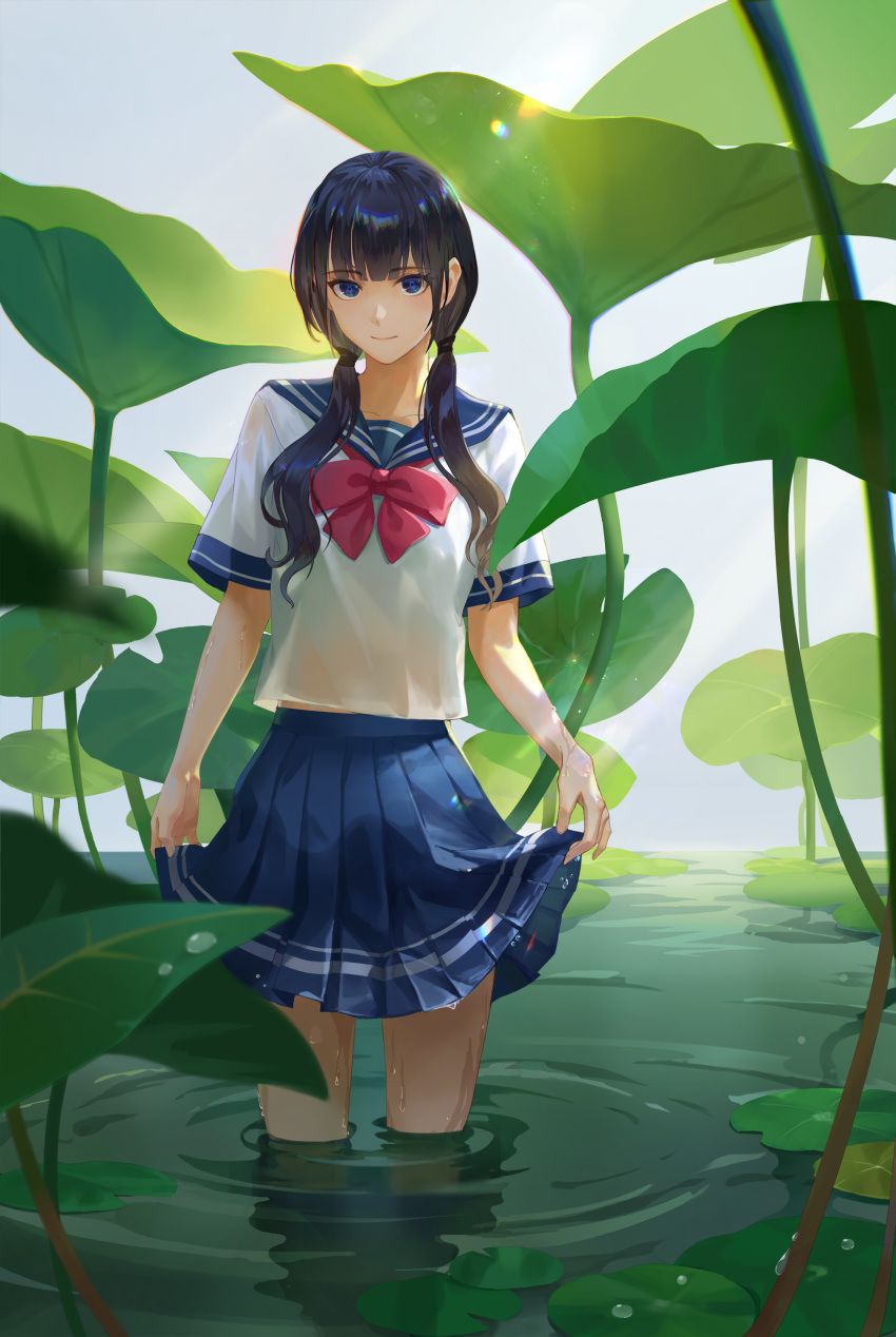 1girl, absurdres, backlighting, bangs, black_hair, blue_eyes, blunt_bangs, bow, bowtie, chromatic_aberration, day, div, dripping, eyebrows_visible_through_hair, hair_over_shoulder, highres, lens_flare, lily_pad, long_hair, looking_at_viewer, original, outdoors, oversized_plant, pleated_skirt, ripples, sailor_collar, school_uniform, see-through, serafuku, shade, shiny, shiny_hair, short_sleeves, skirt, skirt_hold, smile, solo, standing, sunlight, twintails, wading, water, water_drop, wet, wet_clothes