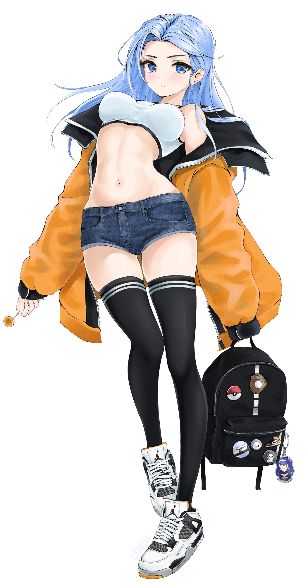 1girl, backpack, backpack_removed, bag, bare_shoulders, black_legwear, blue_eyes, blue_hair