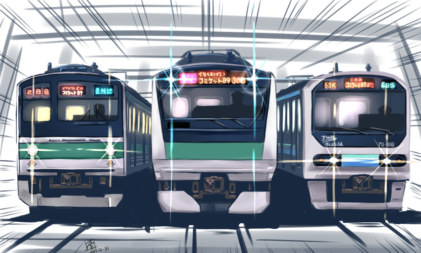 comiket_89, dated, emphasis_lines, glowing, ground_vehicle, headlight, mistrail, no_humans, original, signature, silhouette, tokyo_rinkai_kousoku_tetsudou, train, vehicle_focus, vehicle_request
