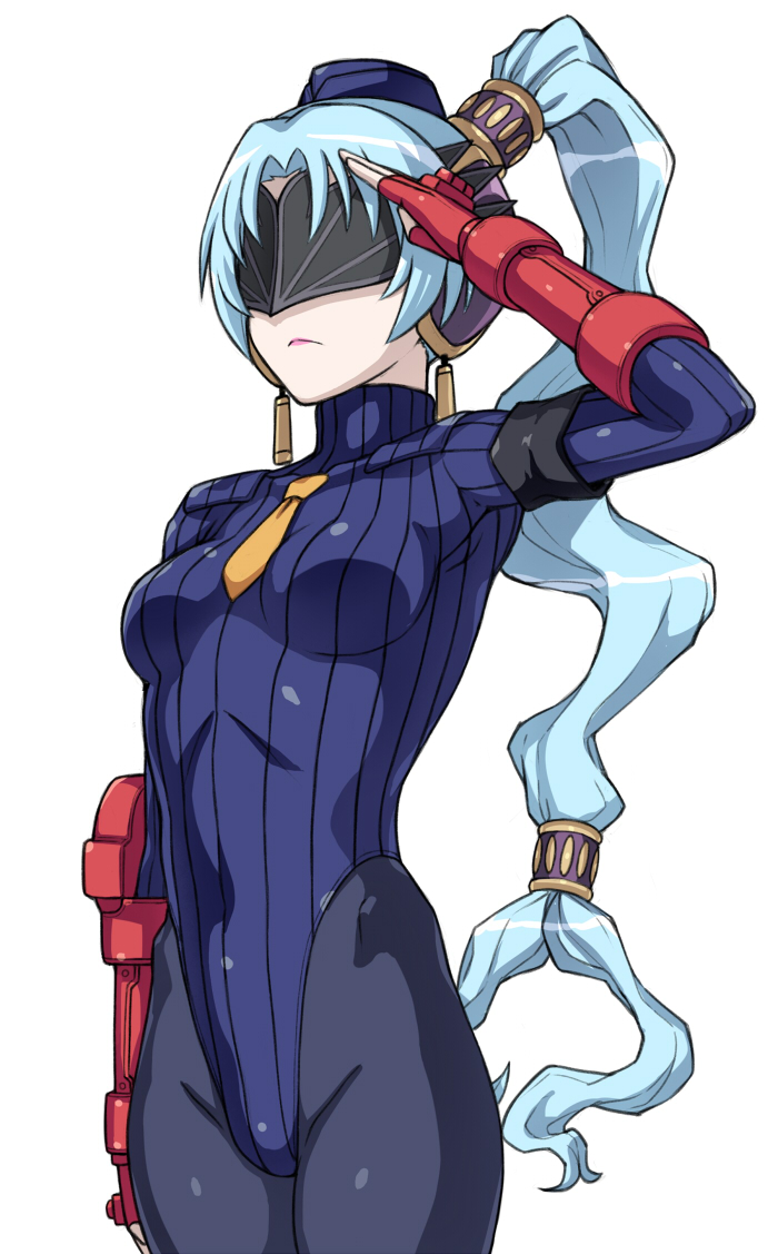 1girl, black_legwear, blindfold, blue_hair, blue_headwear, blue_leotard, breasts, corruption, cosplay, dark_persona, decapre, decapre_(cosplay), earrings, fingerless_gloves, garrison_cap, gloves, hai_(h81908190), hat, highleg, highleg_leotard, jewelry, leotard, necktie, pantyhose, ponytail, red_gloves, salute, schwartz, shadaloo_dolls, short_hair, simple_background, small_breasts, solo, street_fighter, street_fighter_zero_(series), tales_of_(series), tales_of_legendia, white_background, yellow_neckwear