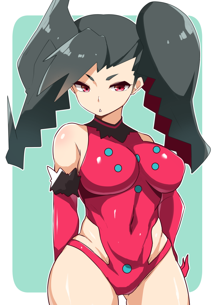 1girl, arm_behind_back, bangs, bare_shoulders, black_hair, breasts, commentary_request, covered_navel, elbow_gloves, gen_8_pokemon, gloves, hand_on_hip, large_breasts, legendary_pokemon, leotard, long_hair, mituyota_76, parted_lips, personification, pink_eyes, pink_leotard, pokemon, regidrago, shiny, shiny_skin, solo, twintails, two-tone_background