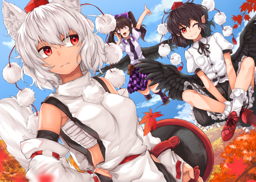 3girls, absurdres, animal_ears, autumn_leaves, bare_shoulders, bird_wings, black_hair, black_legwear