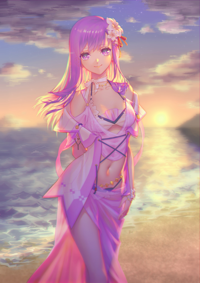 1girl, beach, clouds, cloudy_sky, collarbone, commentary_request, cyd_chen, eyebrows_visible_through_hair, fate/stay_night, fate_(series), flower, hair_flower, hair_ornament, hand_on_thigh, heaven's_feel, highres, long_hair, looking_at_viewer, matou_sakura, navel, ocean, purple_hair, sky, smile, solo, sun, sunset, swimsuit, violet_eyes