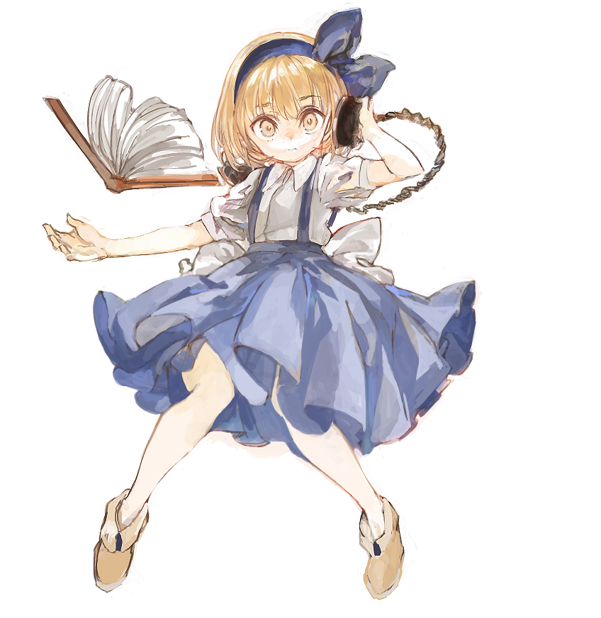1girl, alice_margatroid, alice_margatroid_(pc-98), bangs, blonde_hair, blue_hairband, blue_skirt, full_body, grimoire_of_alice, hairband, konabetate, looking_at_viewer, shirt, shoes, short_hair, short_sleeves, skirt, solo, suspender_skirt, suspenders, touhou, touhou_(pc-98), white_shirt, yellow_eyes