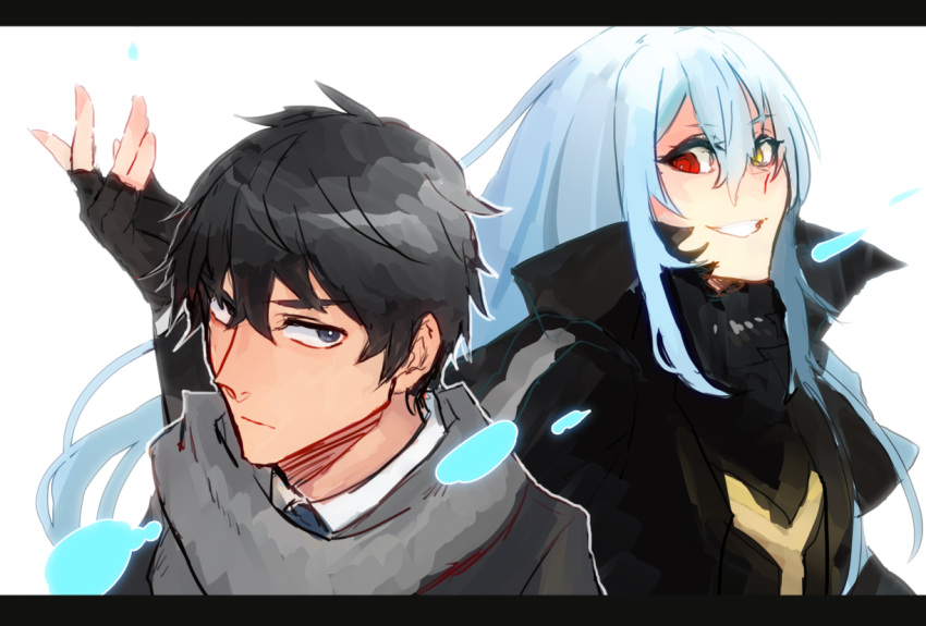 1boy, 1other, androgynous, bangs, black_eyes, black_hair, blue_hair, closed_mouth, eyebrows_visible_through_hair, fingerless_gloves, formal, gloves, hair_between_eyes, hands_up, heterochromia, long_hair, long_sleeves, mikami_satoru, open_mouth, red_eyes, rimuru_tempest, sakusan_yousoeki, simple_background, smile, tensei_shitara_slime_datta_ken, water, white_background, yellow_eyes
