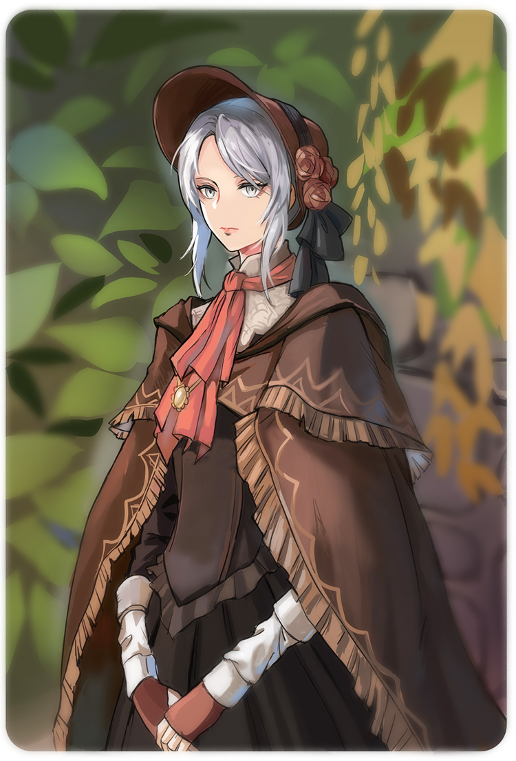 1girl, bangs, biaay002x2, bloodborne, bonnet, cloak, doll_joints, dress, flower, hat, jewelry, joints, leaf, looking_at_viewer, plain_doll, rose, scarf, short_hair, silver_hair, solo, swept_bangs, white_hair