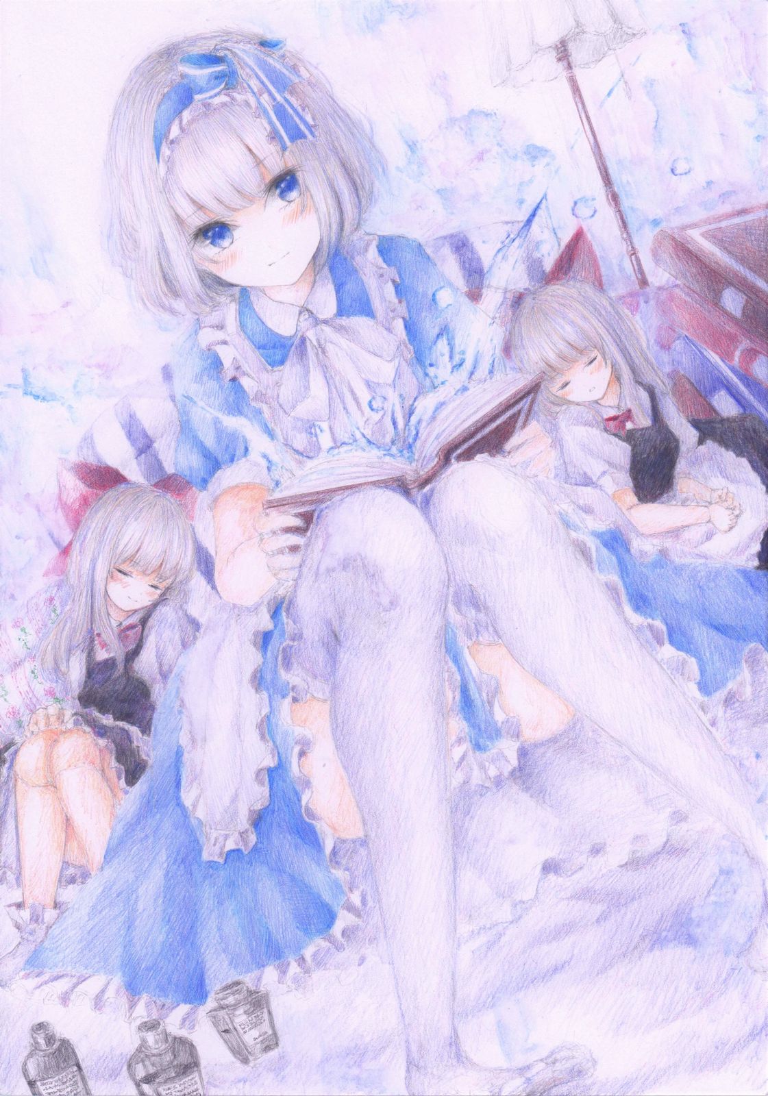 3girls, alice_margatroid, apron, blue_dress, blue_eyes, blush, bob_cut, book