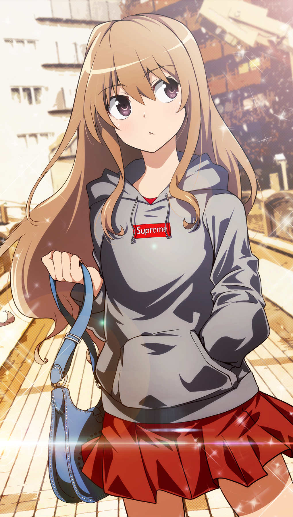 1girl, aisaka_taiga, bag, brown_eyes, brown_hair, eyebrows_visible_through_hair, highres, hood, hood_down, hoodie, long_hair, pleated_skirt, skirt, solo, tanashi_(mk2), toradora!