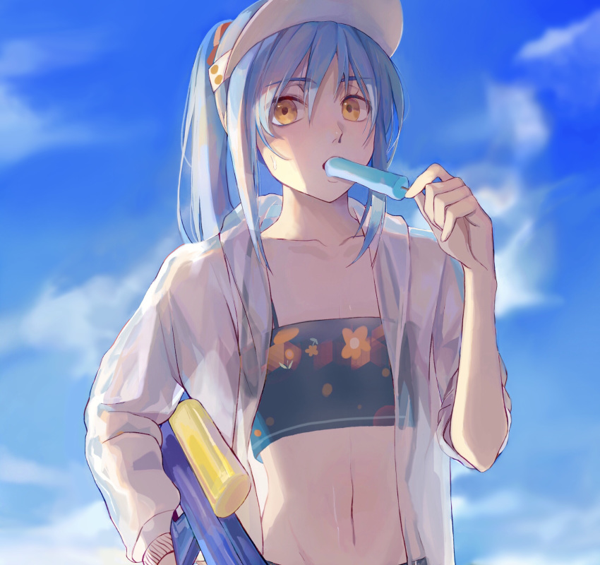 1other, androgynous, bangs, bikini, bikini_top, blue_hair, eyebrows_visible_through_hair, food