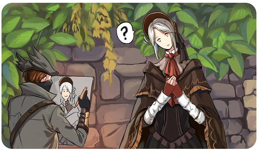1boy, 1girl, ?, bangs, biaay002x2, bloodborne, bonnet, cloak, coat, doll, doll_joints, drawing, dress, flower, gloves, hands_together, hat, head_tilt, holding, hunter_(bloodborne), jewelry, joints, leaf, long_hair, mask, mouth_mask, plain_doll, rose, short_hair, silver_hair, standing, swept_bangs