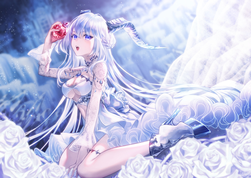 1girl, apple, bangs, between_legs, blue_eyes, braid, clothing_cutout, commentary_request