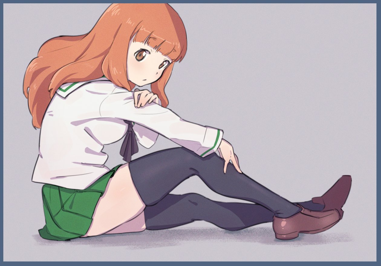 1girl, arm_grab, bangs, black_border, black_legwear, black_neckwear, blouse, blunt_bangs, border, brown_footwear, closed_mouth, commentary, eyebrows_visible_through_hair, from_side, girls_und_panzer, green_skirt, grey_background, hand_on_own_knee, kadoyuki_(kadouki), light_frown, loafers, long_hair, long_sleeves, looking_at_viewer, miniskirt, neckerchief, ooarai_school_uniform, orange_eyes, orange_hair, pleated_skirt, sailor_collar, school_uniform, serafuku, shoes, sitting, skindentation, skirt, solo, takebe_saori, thigh-highs, white_blouse, white_sailor_collar