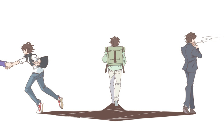 arm_grab, backpack, bad_end, bag, brown_hair, chinese_commentary, cigarette, commentary
