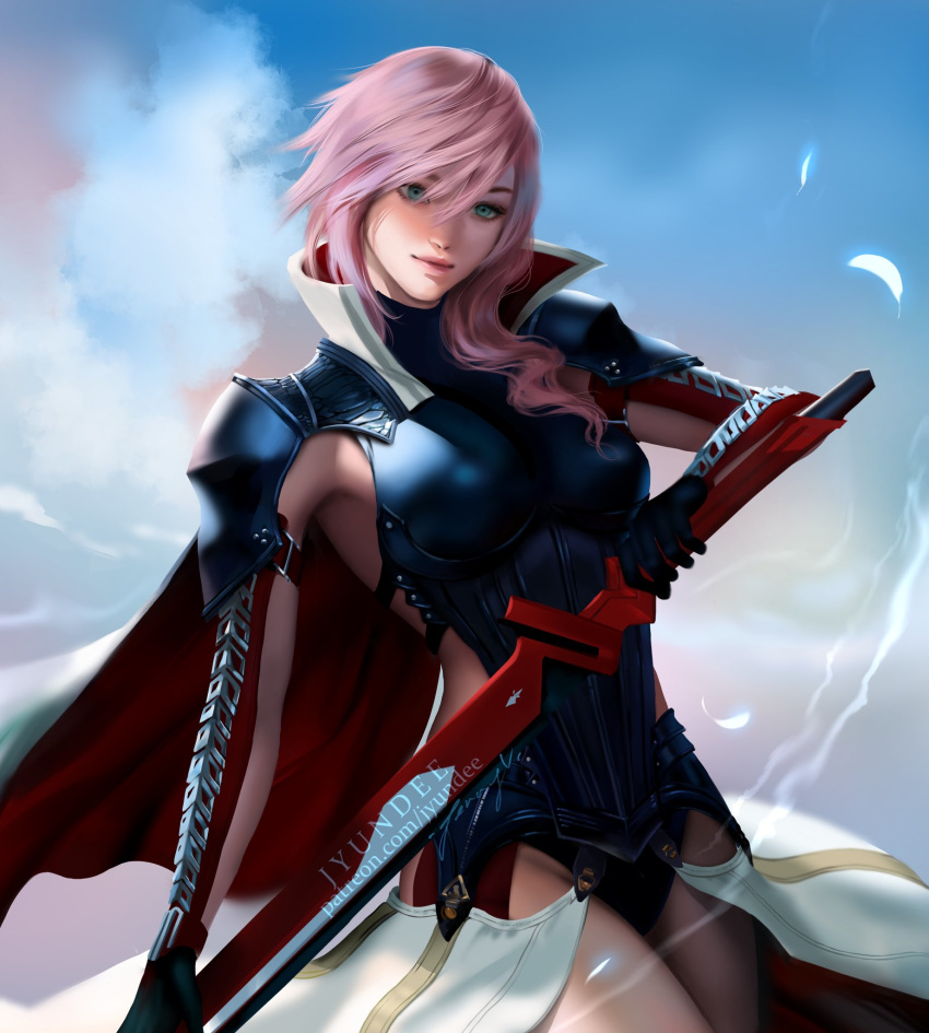 1girl, armor, asymmetrical_hair, black_gloves, black_panties, blue_eyes, blue_sky, breastplate