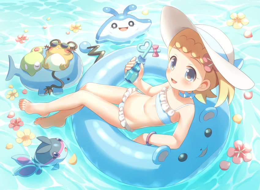 1girl, afloat, barefoot, blonde_hair, blue_eyes, blush, bonnie_(pokemon), bottle