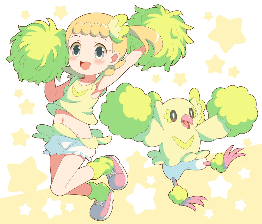 1girl, arm_up, bare_arms, blonde_hair, blush, bonnie_(pokemon), collarbone, commentary_request
