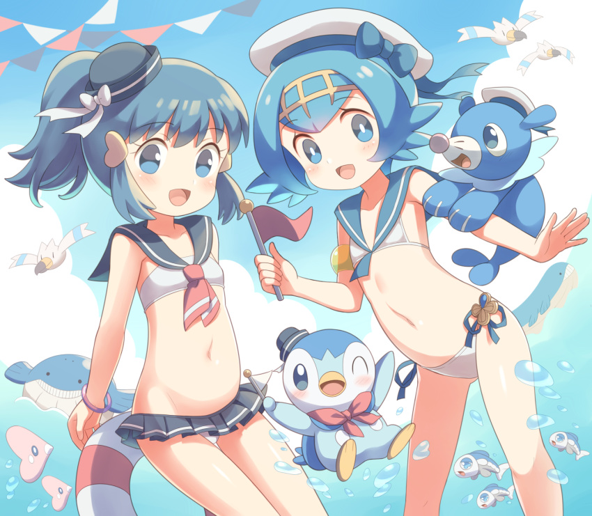 2girls, bangs, bare_arms, blue_eyes, blue_hair, bracelet, collarbone, commentary_request