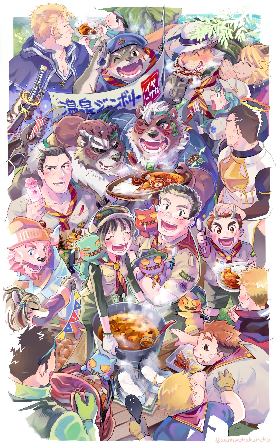 3girls, 6+boys, ^_^, aizen_(tokyo_houkago_summoners), animal_ears, arsalan_(tokyo_houkago_summoners), bag, black_hair