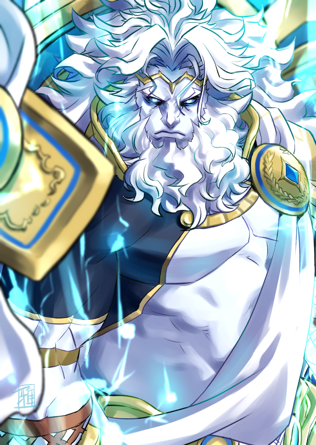 1boy, abs, arabagi, bara, bare_chest, beard, chest, circlet