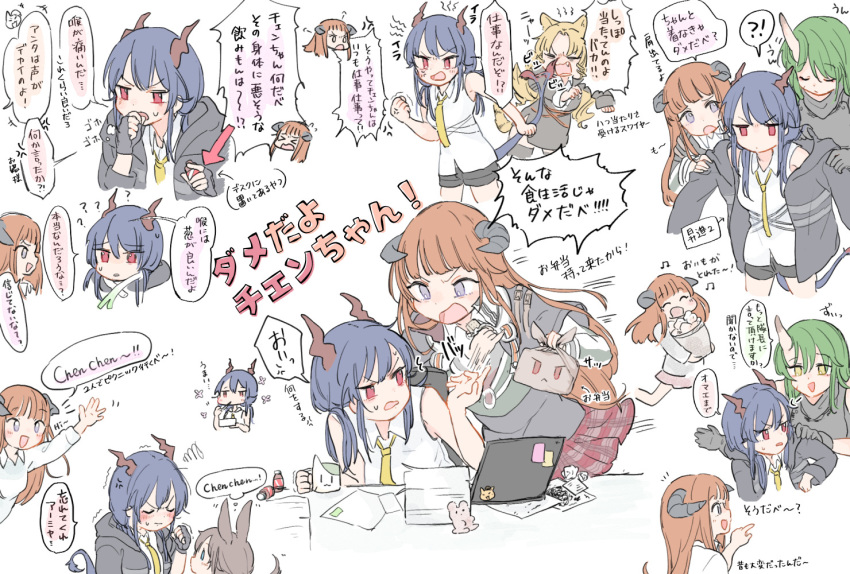 5girls, amiya_(arknights), arknights, bagpipe_(arknights), blonde_hair, blue_hair, blush, brown_hair