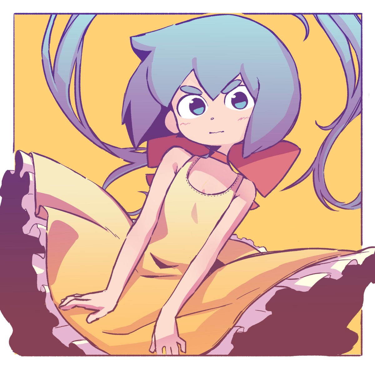 1girl, bare_arms, bare_shoulders, blue_eyes, blue_hair, blush, border, bow