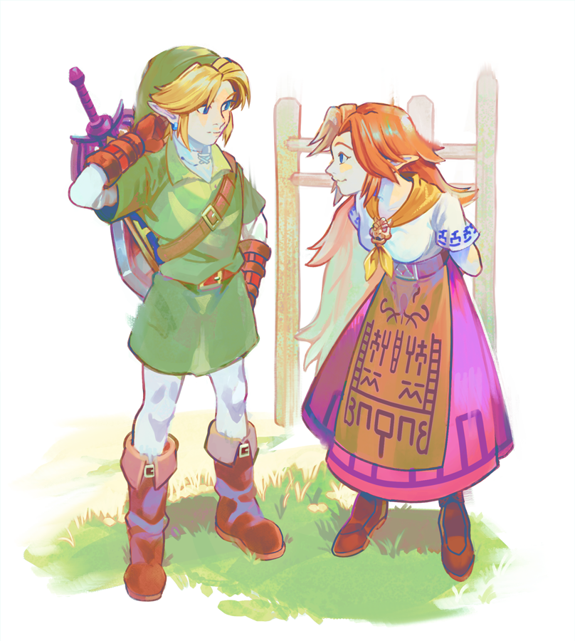 1boy, 1girl, a_irismon, belt, blonde_hair, blue_eyes, boots, brown_hair, dress, fence, gloves, grass, green_headwear, green_tunic, hat, link, malon, master_sword, neckerchief, pantyhose, pink_dress, shirt, white_shirt